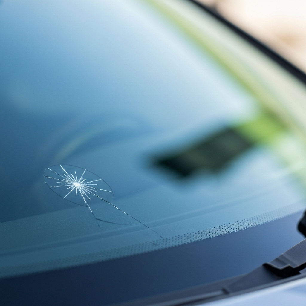 Pare-brise de voiture avec une fissure réparée, symbolisant une aide pour franchise bris de glace et des économies.