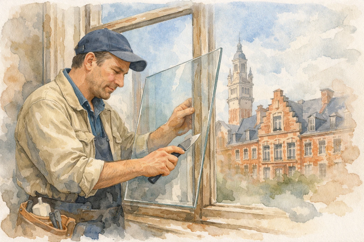 Artisan vitrier agréé assurance Lille, remplaçant une vitre. Service professionnel et fiable.
