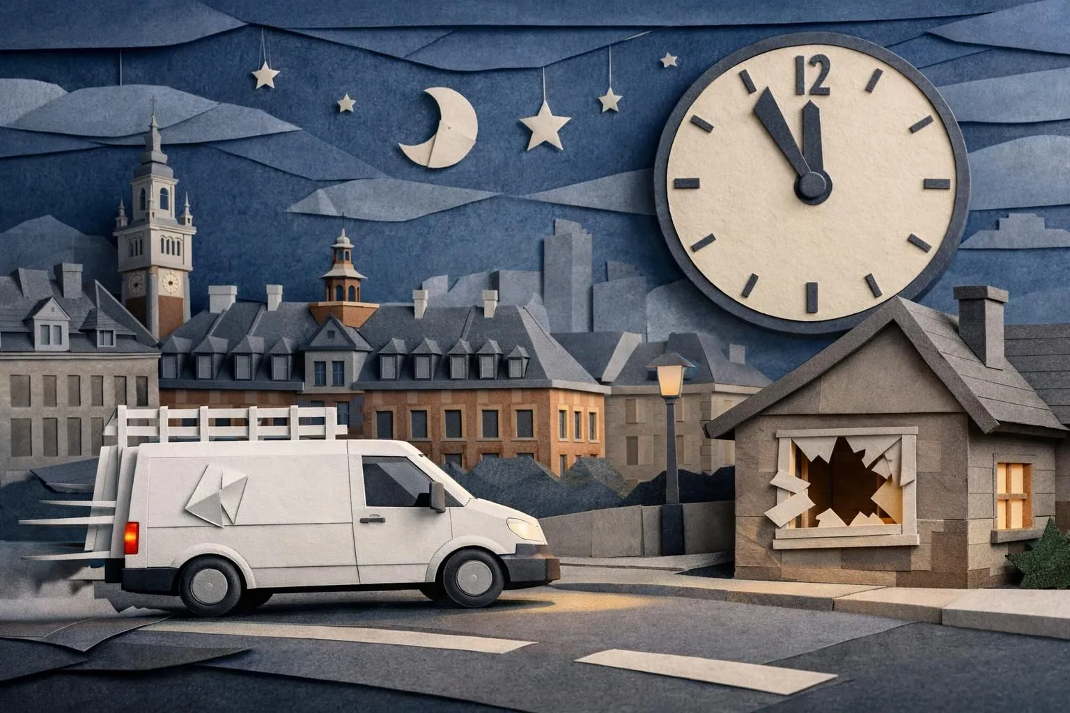 Vitrier Lille intervention sous une heure: camion dépanneur rapide en papier de nuit, ville, vitre brisée.