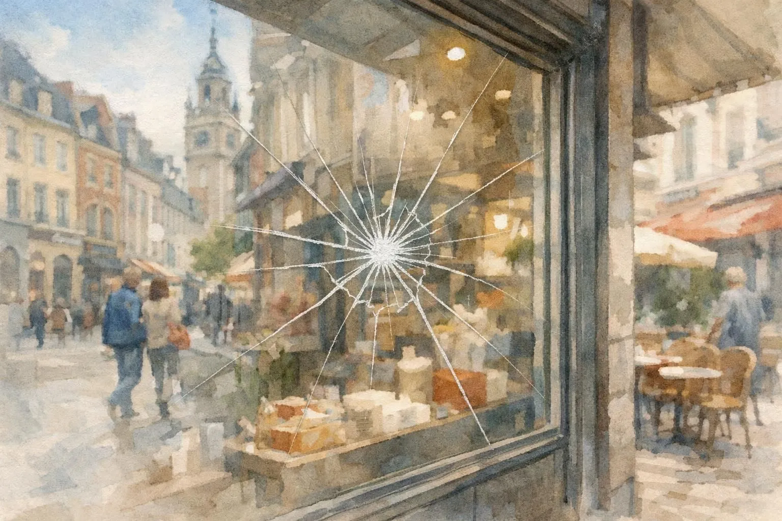 Vitre cassée commerce Lille urgence: illustration aquarelle d'une vitrine fissurée en ville.