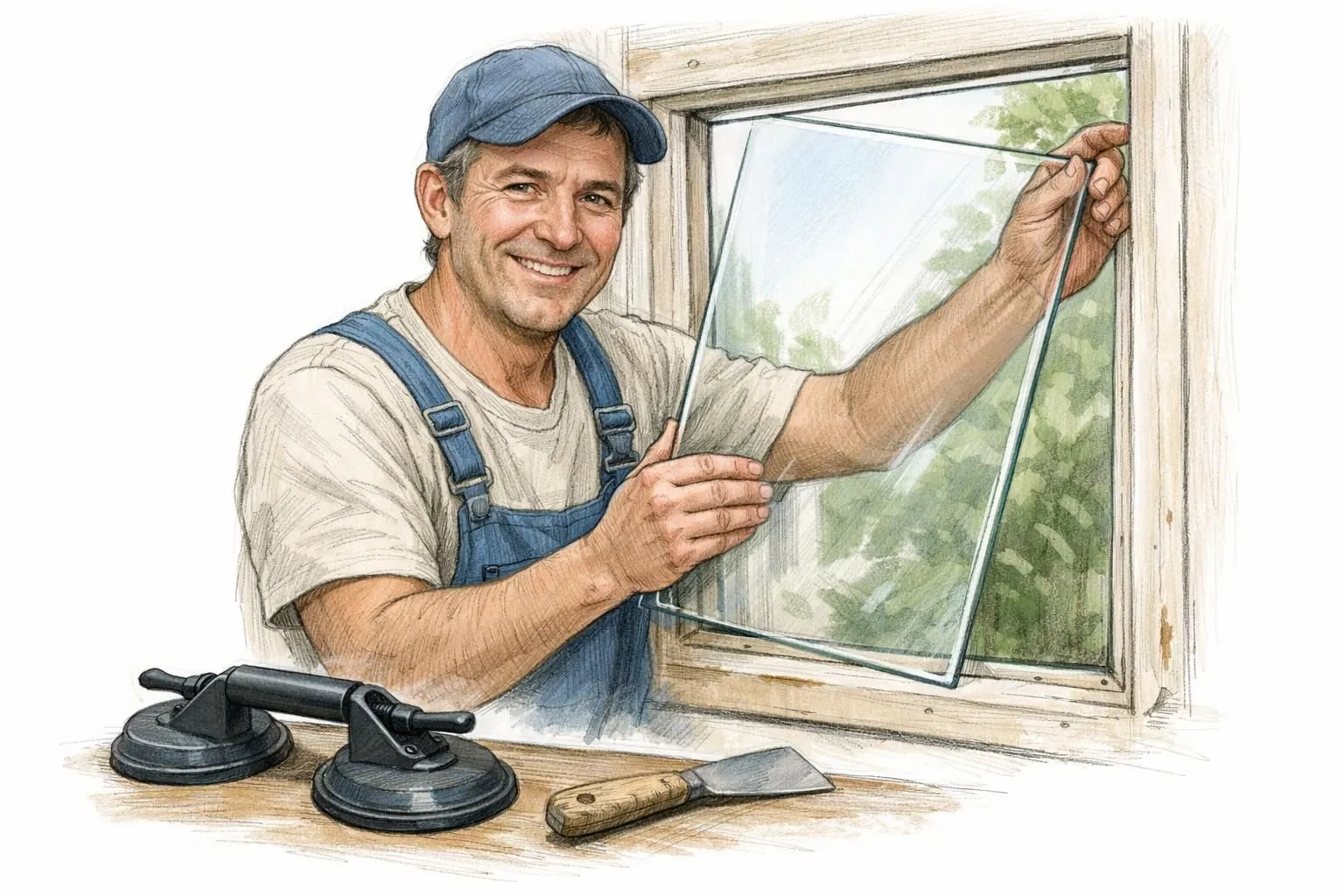 Croquis d'un artisan vitrier à La Madeleine 59110 posant une vitre. Dépannage vitrerie urgence.