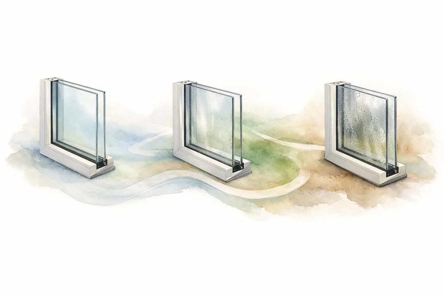 Illustration aquarelle: progression des signes d'usure du double vitrage (buée, condensation), pour savoir quand changer son