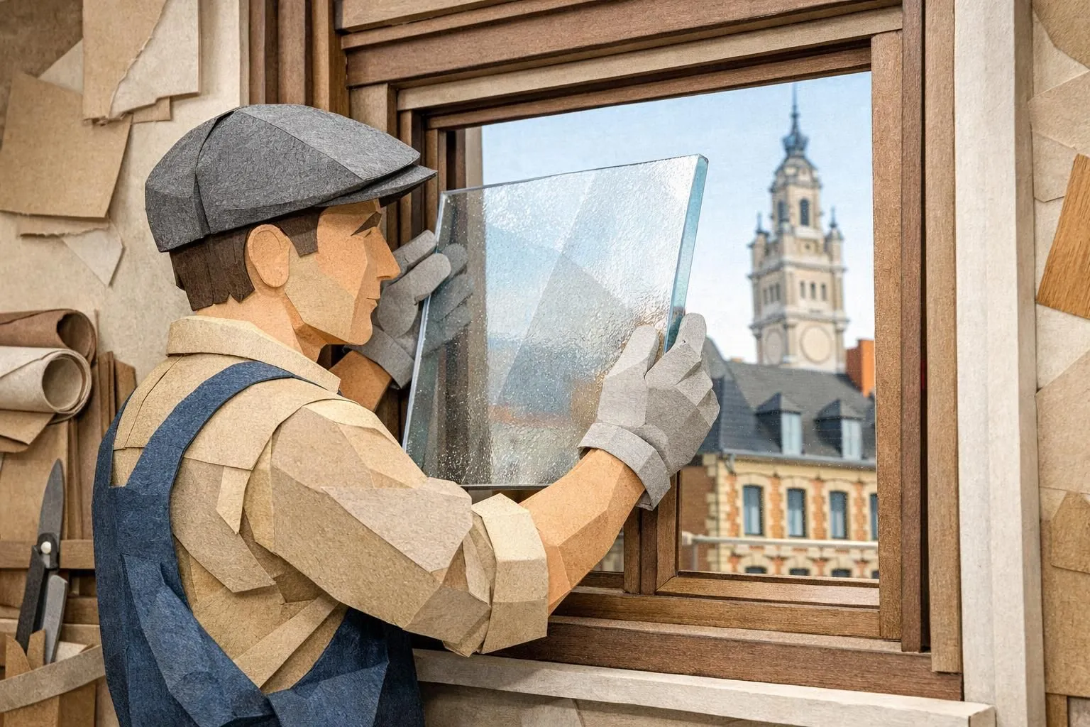 Artisan vitrier Lille devis gratuit. Scène paper craft d'un vitrier installant une vitre, fond architectural de Lille.