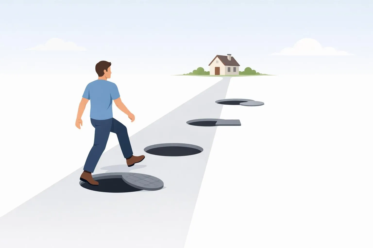 Illustration minimaliste montrant comment éviter arnaque dépannage urgence. Une personne franchit des obstacles vers la sécur