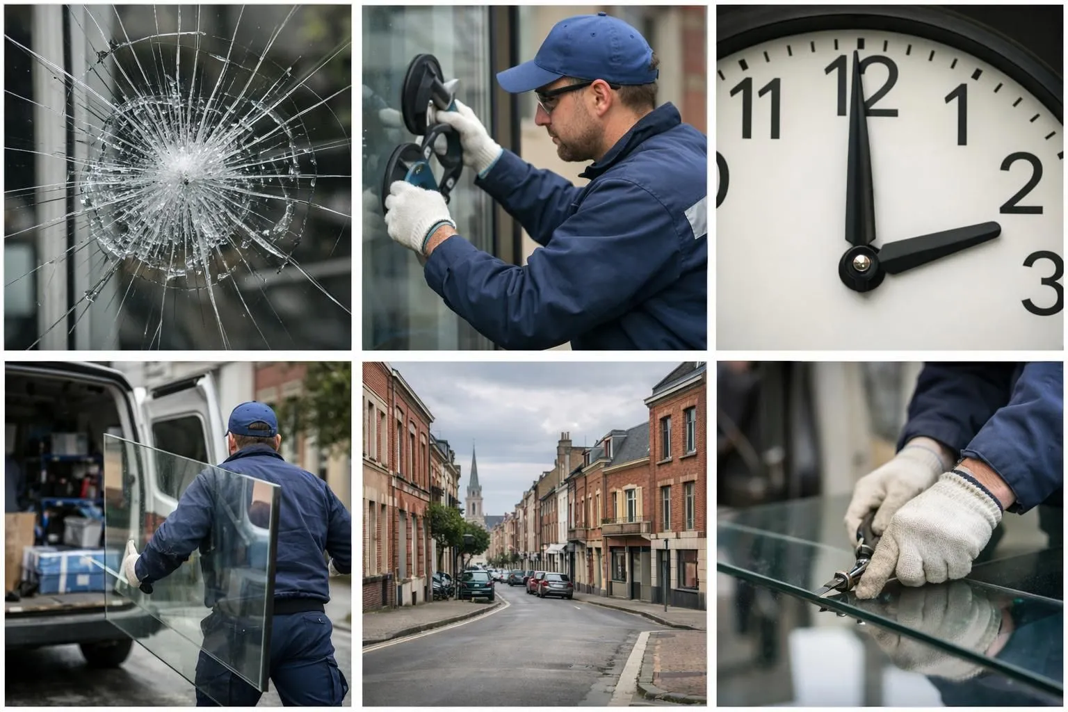 Entreprise vitrerie Roubaix urgence: collage de photos montrant un vitrier en intervention rapide pour dépannage de vitre.