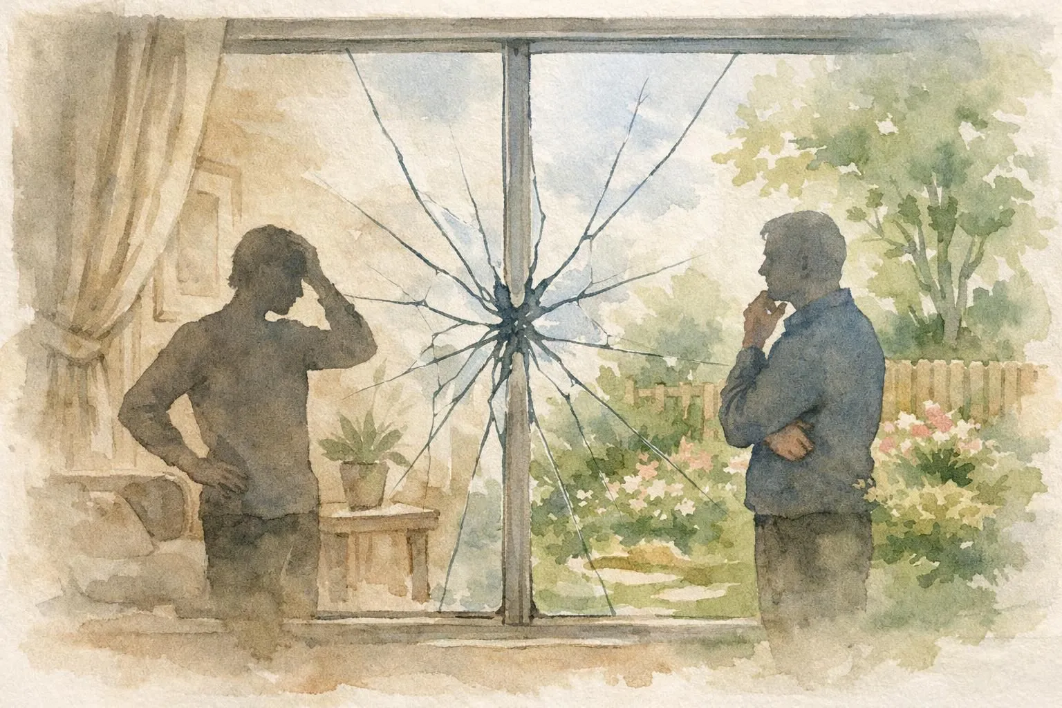Vitre cassée locataire ou propriétaire: aquarelle douce illustrant le dilemme de qui doit payer la réparation.