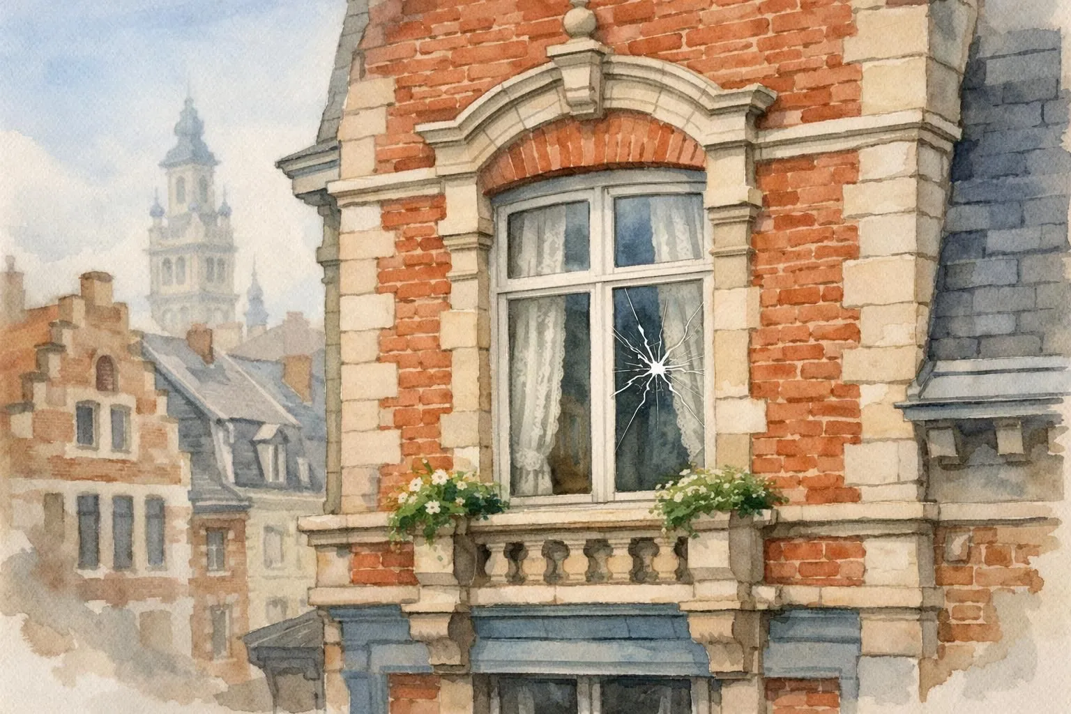 Illustration aquarelle d'une vitre cassée sur une façade de copropriété à Lille, symbolisant les réparations.