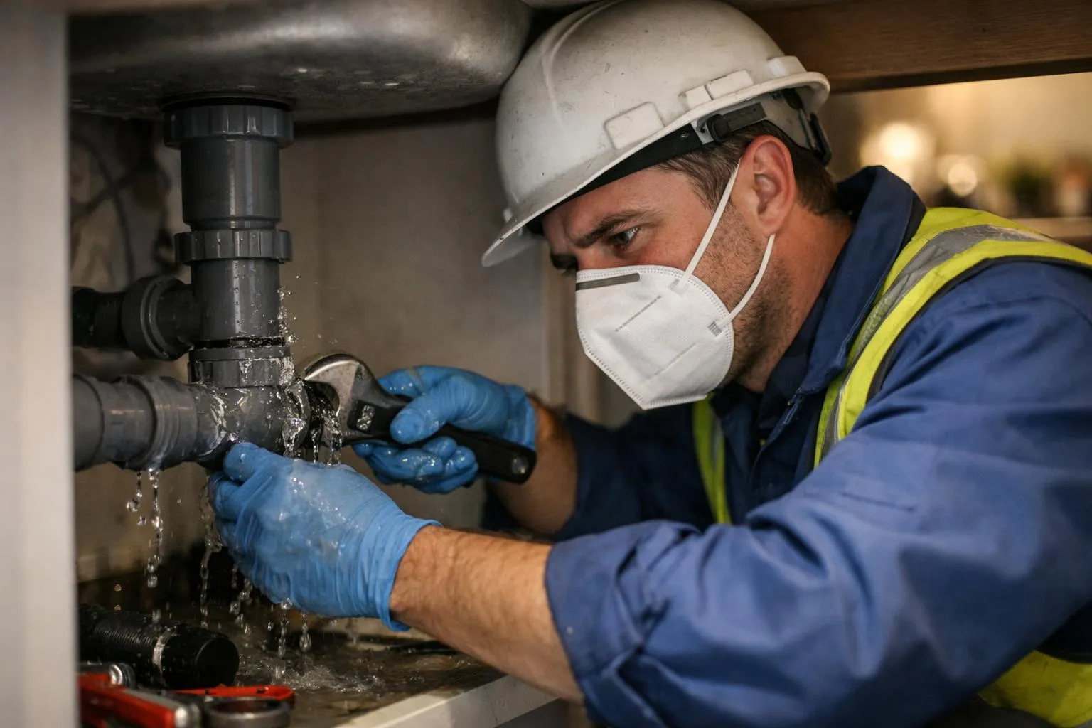 Plombier réparant fuite d'eau à Wattignies, intervention urgente efficace.