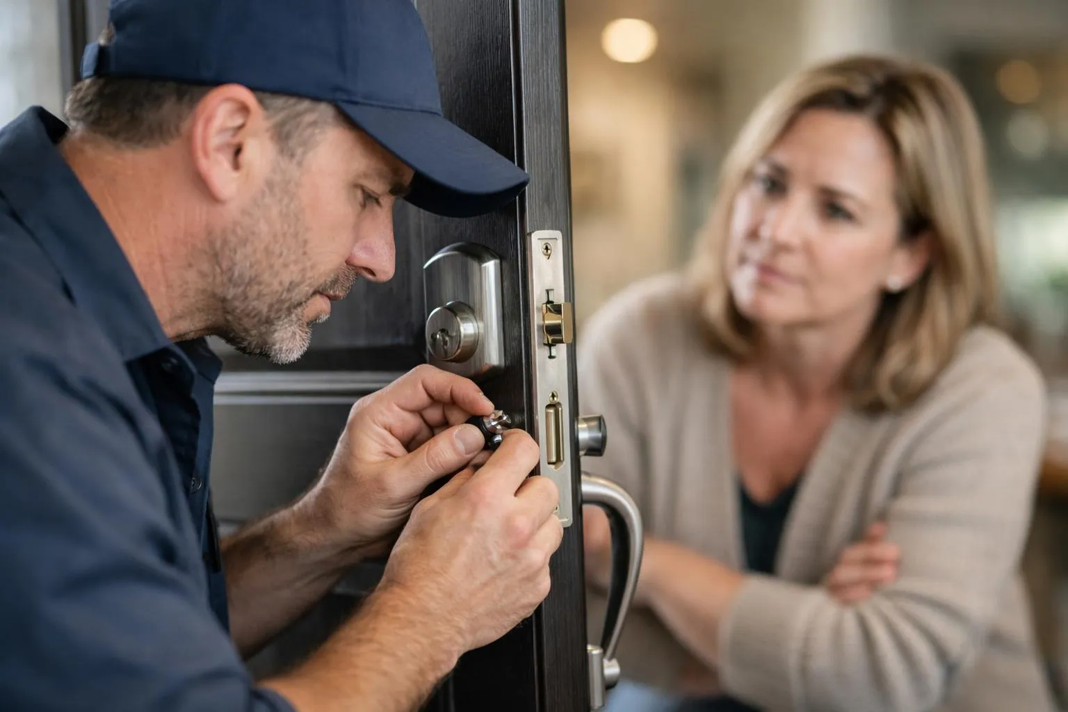Dépannage porte d'entrée - Un serrurier ajuste la serrure d'une porte d'entrée avec un propriétaire attentif.